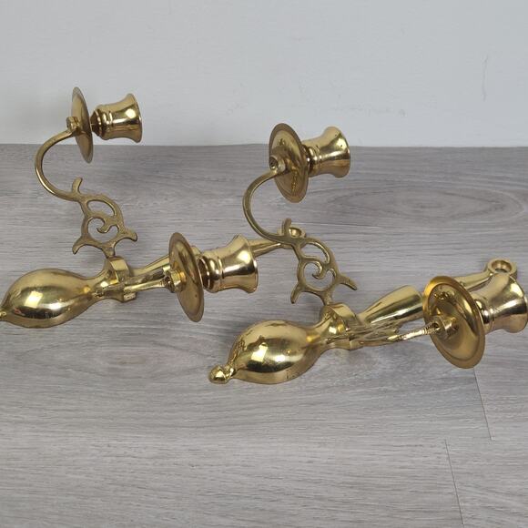 Solid Brass Ornate Wall Sconce Double Candlestick Holders Set of 2 - Picture 4 of 10